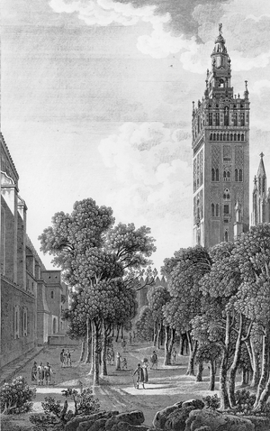Giralda tower of the cathedral in Sevilla, Spain, engraving, 19th century