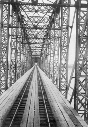 Bridge over the Ob River on the line of the Trans-Siberian Railway, 1903 (b/w photo)