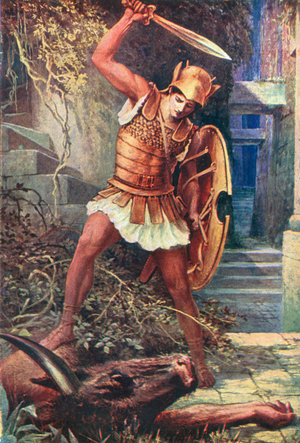 The Minotaur lay dead at his feet (colour litho)