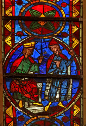 Window w213 depicting a scene from the life of St Thomas: Gundaphorus, king of India, sends for an architect (stained glass)