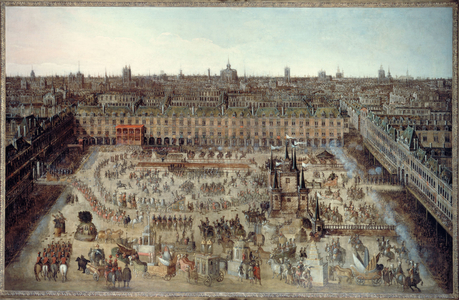 Le "Roman des chevaliers de la gloire", grand carrousel donné du 5 au 7 avril 1612, à l'occasion du mariage de Louis XIII avec Anne d'Autriche, place Royale, vers 1612 (huile sur toile)