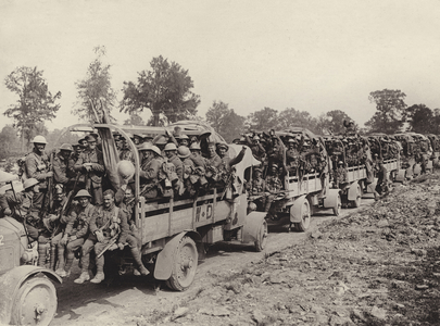 The Irish Brigade going back for a rest after the taking of Guillemont, 1916 (b/w photo)