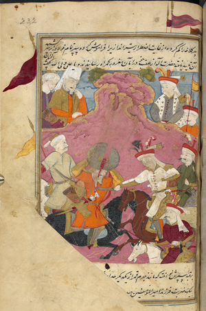 Shah Isma'il's Sufi troops wearing Qizilbash hats fighting the Sunnis watched by Abu'l-Khayr Khan.