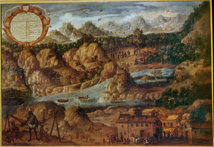 Conquest of the Indian countries of Paraguay, showing the landscape, rivers and a new Spanish church …