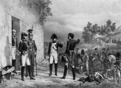 Tudellu battle (Tudela ?) : emperor Napoleon 1st arriving in Bayonne in 1808, engraving by Motte after Grenier