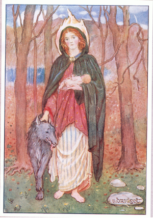 St Bridget of the Mantle (colour litho)