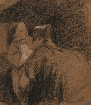 Woman Reading, (charcoal and pastel on paper laid down on card)