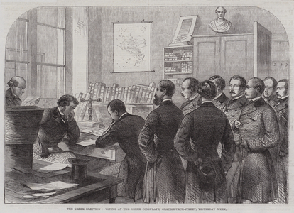The Greek Election, Voting at the Greek Consulate, Gracechurch-Street, Yesterday Week (engraving)