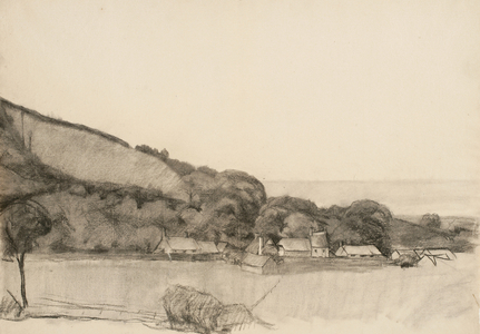 Landscape with farm buildings (charcoal on paper)