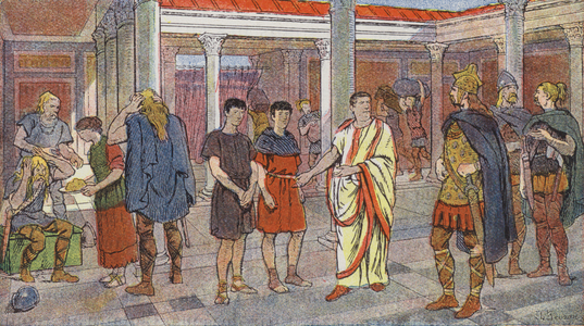 The pillage of Gaul by Germanic barbarians (colour litho)