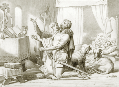 How Torfrida teaches Hereward to pray (engraving)