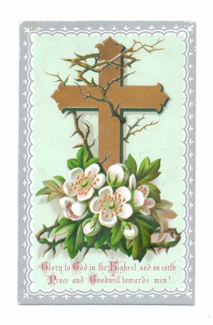 A Victorian religious greeting card of a cross decorated with thorn and white flowers, c.1880 (colour litho)