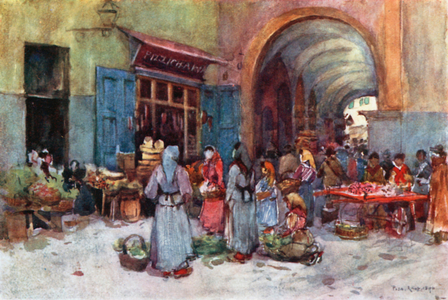Street Sellers, Pisa (colour litho)