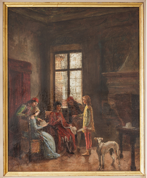 Nicolò Biondo showing his collection of hats to Alberto Pio (oil painting on zinc)