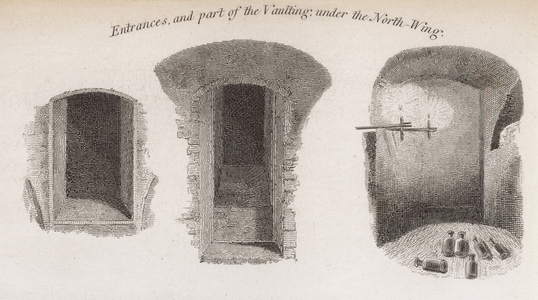Entrances, and part of the vaulting under the north wing, of Crosby Hall (engraving)