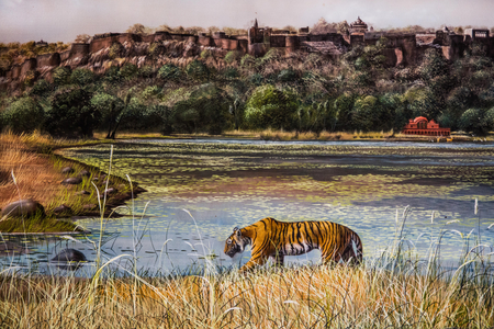 Painting of Bengal Tiger in Ranthambore National Park and Tiger Reserve, Ranthambore, Rajasthan, India, Asia (photo)