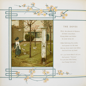 'The Doves'. A girl in a garden feeding some doves