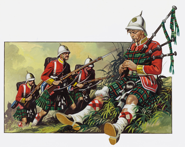 The wounded piper continued to play until the battle was won, Dargai, India, 1897 (gouache on paper)