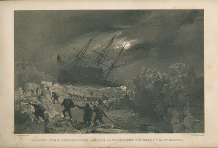 The crew of H.M.S. Terror saving the boats and provisions on the night of the 15th March 1837 (litho)