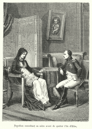 Napoleon consultant sa mere avant de quitter l'ile d'Elbe (engraving)
