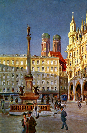 Geography. Germany. Marienplatz in Munchen. Illustration, Germany, 1908 (postcard)