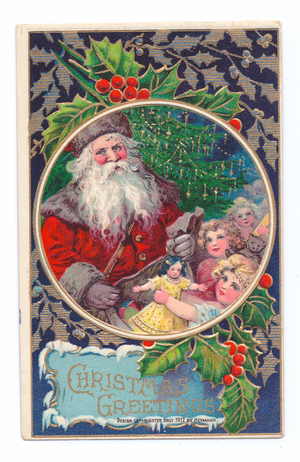 Edwardian Christmas postcard of Father Christmas giving a doll to a liitle girl, c.1910 (colour litho)