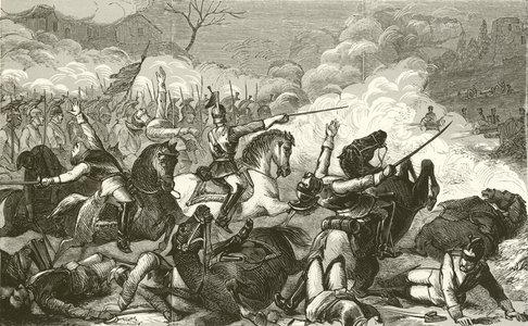 Destruction of Count Bismarck's cuirassiers by the Mitrailleuse (engraving)