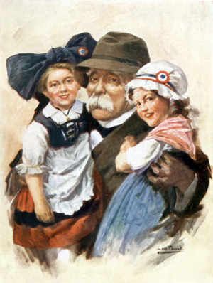 Georges Clemenceau with little girls symbolizing unification of Alsace and Lorraine with France (drawing)