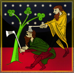 Two fighting Irishmen with axes from a 13th century manuscript (print)
