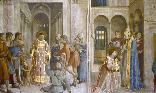 St Sixtus Entrusts the Church Treasures to Lawrence and St Lawrence giving alms
