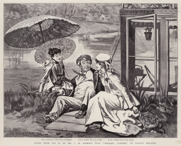 English actors Irene Vanbrugh, John Lawrence Toole and Mary Ansell in a production of J M Barrie's play Walker, London, at Toole's Theatre, London, 1892 (litho)