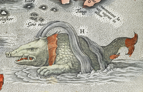 Detail of a sea monster, from 'Typus orbis terrarum] (main title of album, containing 90 maps', 1598 (coloured engraving)