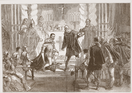 The Marshal of Poland demanding the Oath from the Duke of Anjou, illustration from 'The History of Protestantism' by James Aitken Wylie (1808-1890), pub. 1878 (engraving)