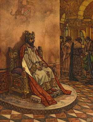 Unless the King would send his nephew out of the country, they would retire into their castles  (colour litho)