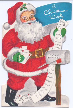 A die-cut Xmas Card of Father Christmas holding a list of presents, his costume covered with red flocking, circa 1910 (coloured lithograph)