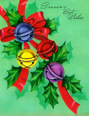 Vintage Illustration of Jingle Bells and Holly, 1940s-50s (screenprint)