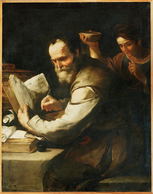 Xanthippe pours water into Socrates'collar (painting on canvas)