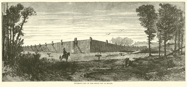 Exterior view of the Prison Pen at Millen, November 1864 (engraving)