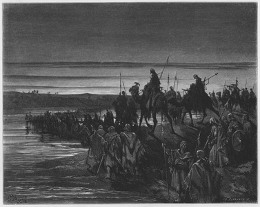Gustave Dore Bible: The children of Israel crossing Jordan (engraving)