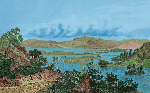 United States. Mississippi flood. Engraving by Danvin, 19th century. Later colouration.