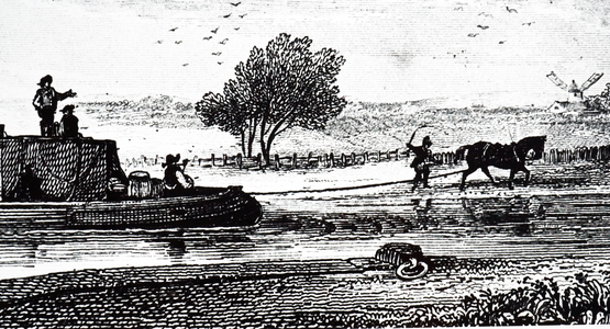 An engraving depicting a horse-drawn canal barge, 19th century