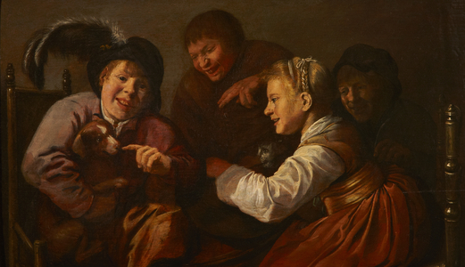 A group of children teasing a dog with a cat, c.1627-28 (oil on panel)