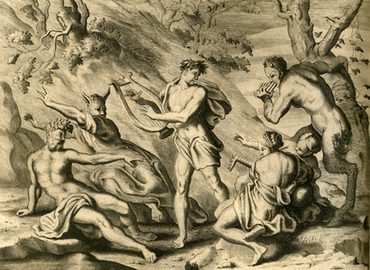 Duel between Pan and Apollo, 1702 (engraving)