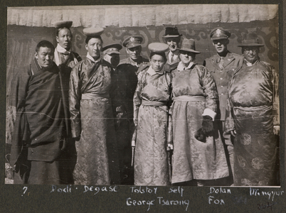 Lhasa 1942-43: Dodi, Degase, Tolstoy, self [Ludlow], Dolan, Mingyur, George Tsarong, Fox. Informal group portrait