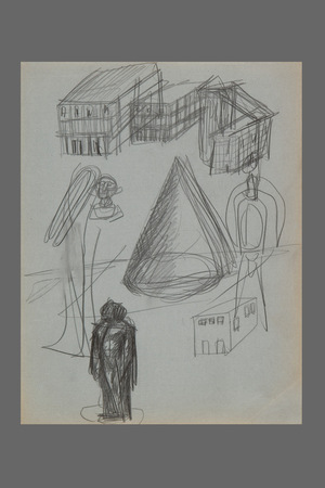 Figure, head, element of “Project for a City Square”, and sketches of architecture (pencil on letter paper)