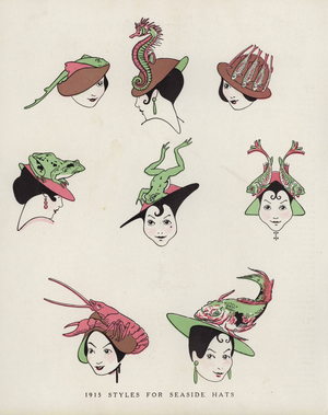 Mocking women's fashion in hats (colour litho)