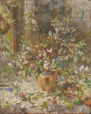 Cherry Blossom and Fritillaries, 2018 (Oil on Panel)