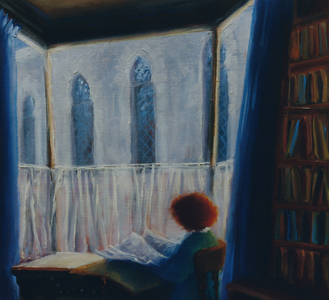 The Archivist 2000 (oil on panel) Girl in window reading