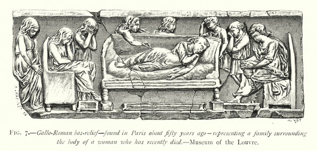 Gallo-Roman bas-relief, found in Paris about fifty years ago, representing a family surrounding the body of a woman who has recently died (engraving)