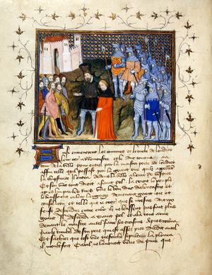 (Whole folio) King Richard II, led captive by Henry Bolingbroke to London, renounces the throne; decorated border with text below.
